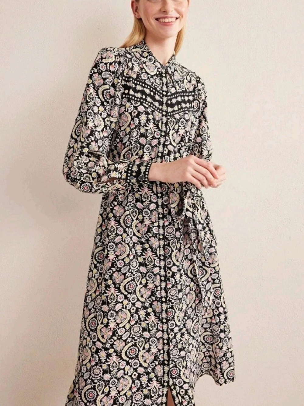 Boden Floral Western A Line Midi Shirt Dress Sz 14L Paisley Buttons Black Multi